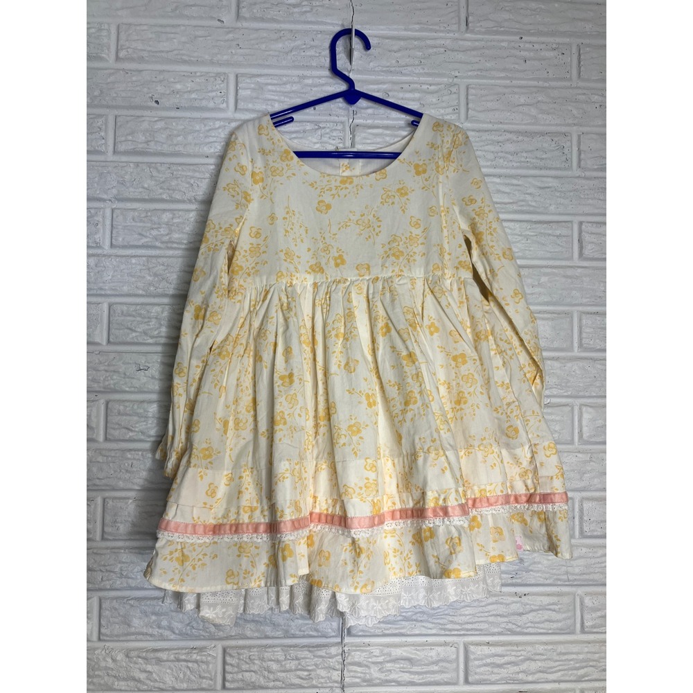 Sweet honey ivory‎ & yellow floral dress long sleeve girls size 6Y 100% cotton